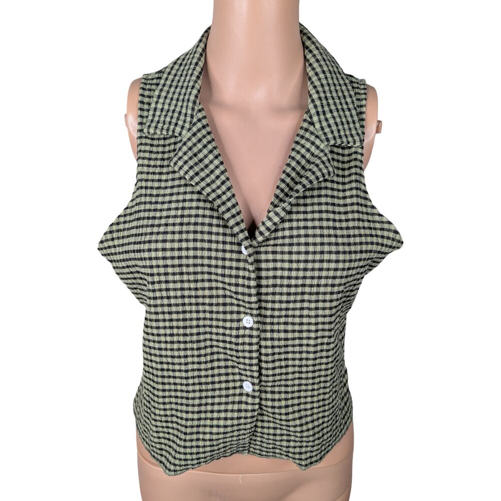 Dazy Green Black Gingham Crinkle Button Tank Top SZ XL Y2K Grunge Emo Casual